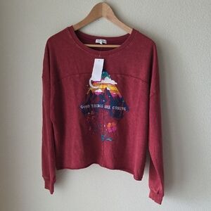 PRETTY REBEL Maroon Graphic Sweatshirt Sz L NWT Soft Cotton Blend Granola Girl